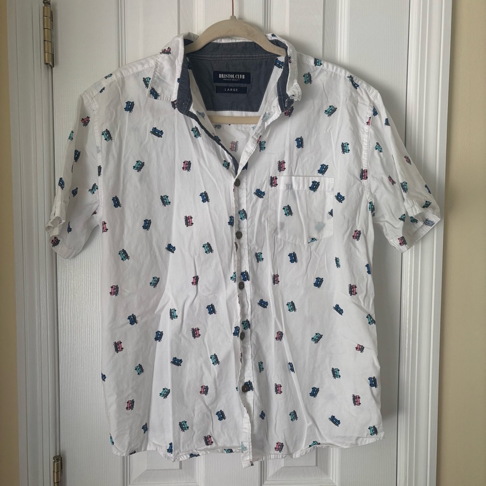 Men's White Casual Button Down Shirt with VW Beach Bus Print - Large